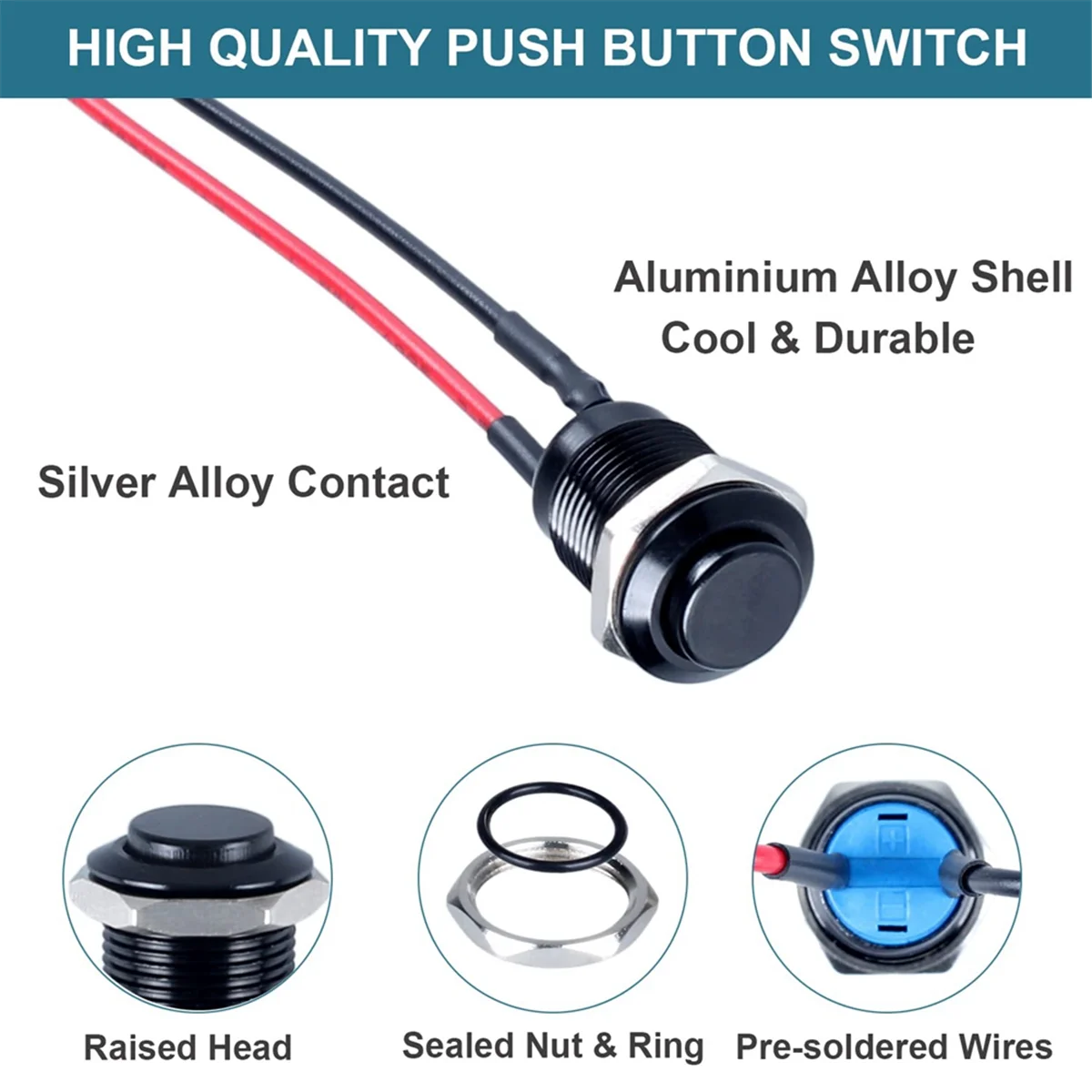 5Pcs 12mm Latching Push Button Switch High Round Head with Pre-Soldered Cable Aluminium Alloy 1NO Waterproof