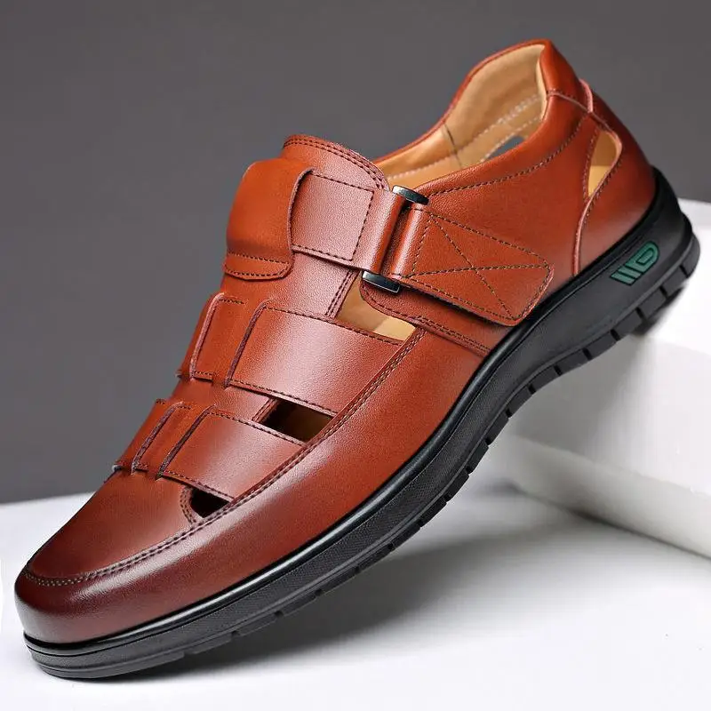 

Summer Shoes for Men Hollow Out PU Leather Breathable Sandals Non-slip Flats Soft Bottom Handmade Tide Design Footwear Men Shoes