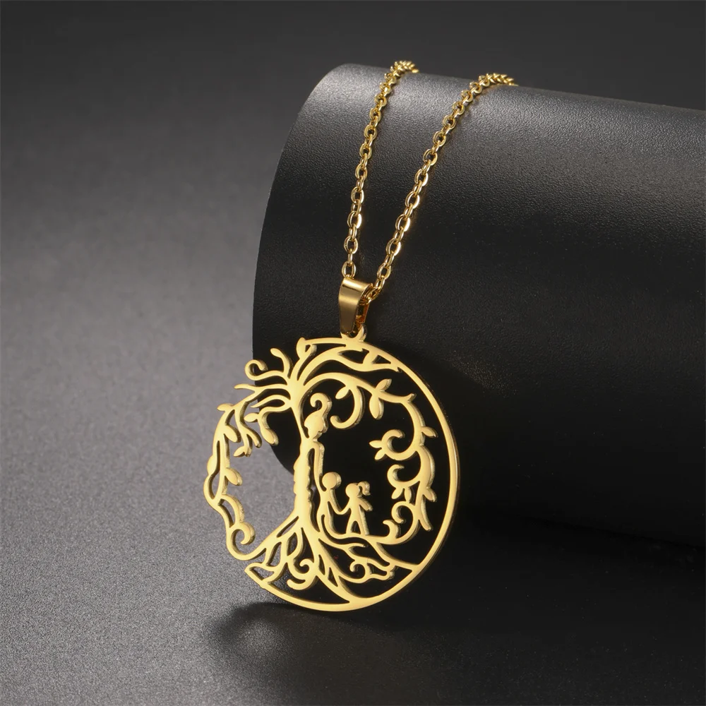 My Shape Tree of Life Pendent Necklaces for Mother's Day Gifts Children Son Daughter Charms Choker Chain Stainless Steel Jewelry