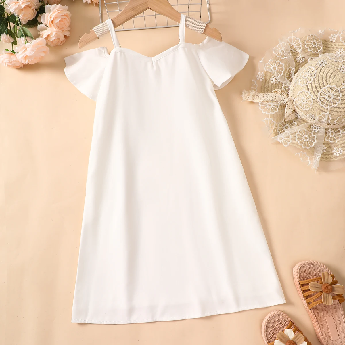 Spring Summer Girls  Strap Off Shoulder Short Sleeve White Dress Fashion Sweet  Baby Infant Toddler