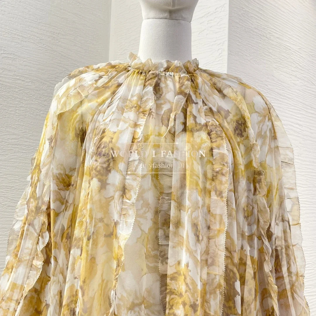 

2025 New Fashion Yellow Flowers Print Long Sleeve Pleat Pleat Ruffles Blouse Tops