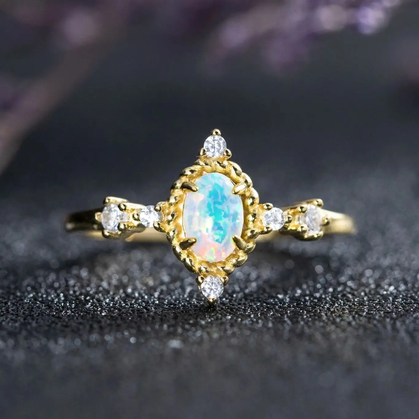 

Unique White Opal Engagement Ring Gold/Silver Plated Zircon Half Eternity Wedding Gift Unique Milgrain Anniversary Promise Rings