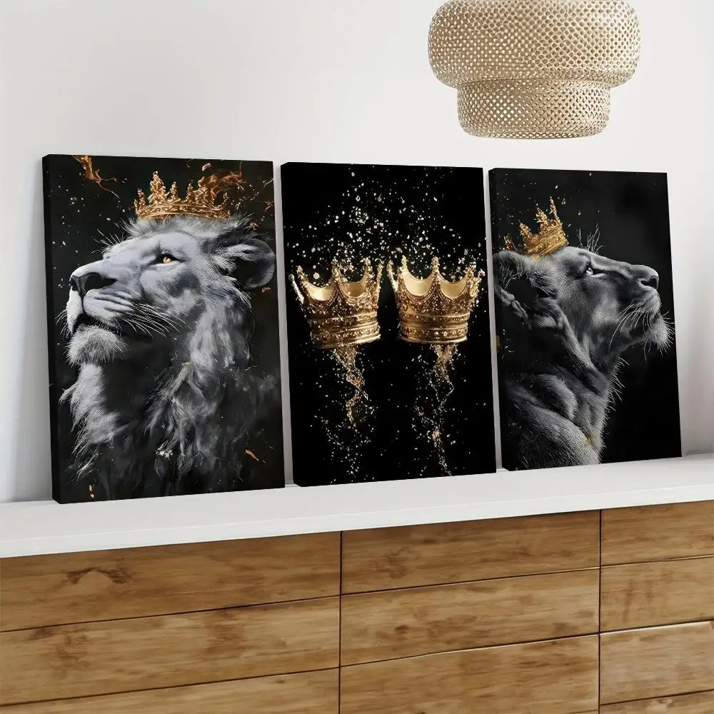 3PC 2D Flat, Noble Lion King Crown Decorative Painting, Modern Minimalist Animal Art Canvas Painting, Suitable for Living Room,