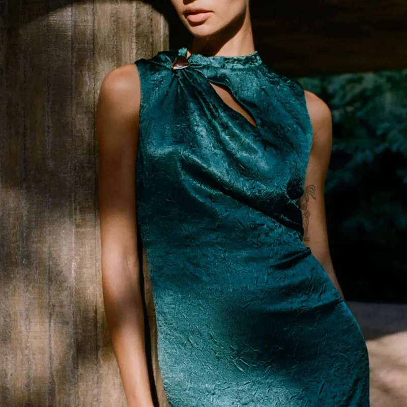 Spring 2025 Women's Gold Embellied Silk Satin Midi Dr Street Sle Svel round Ne Single Piece Polyester Fiber