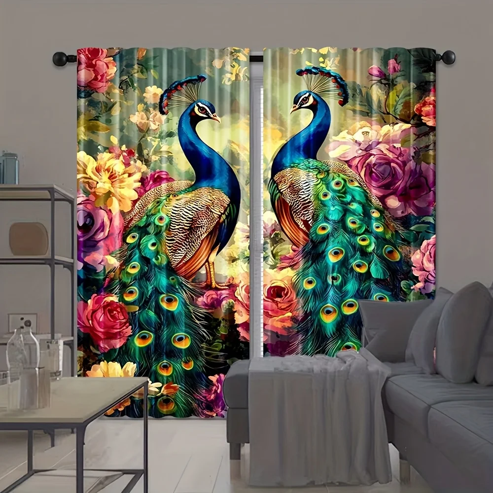 2pcs Peacock Flower Curtains Colorful Bird Rose Window Drapes Elegant Living Room Decor Artistic Panel