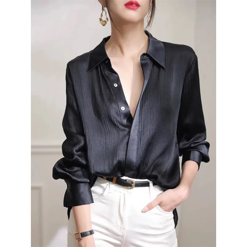 

Autumn Stylish Stylish Women's Blouse Satin Long Sleeve Tops Shirts and Blouses Lady Clothes Loose Black Blouses
