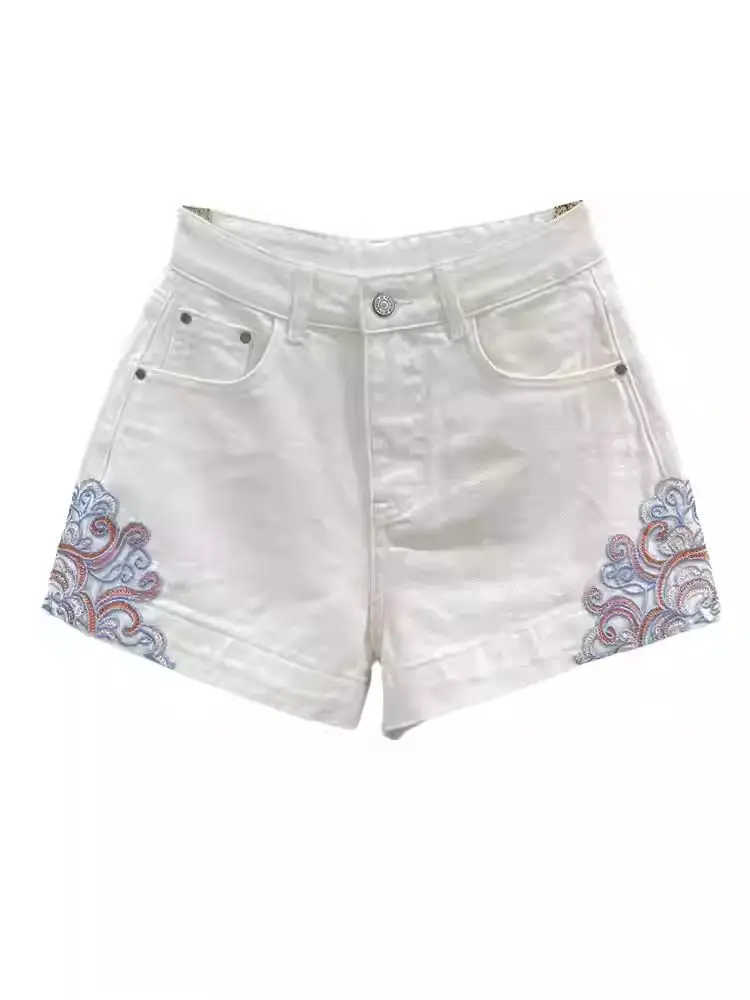 하이웨이스트 A라인 청바지 여성용 자수 화이트 데님 여름 신상 슬림핏 와이드 레그 핫팬츠