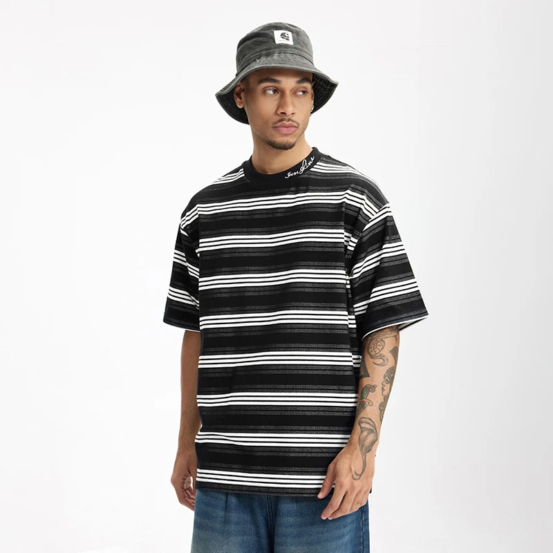 INFLATION Fine Knit Plaid Striped T-Shirt Streetwear Casual Loose Fit with Embroidered Details Men Short Sleeve