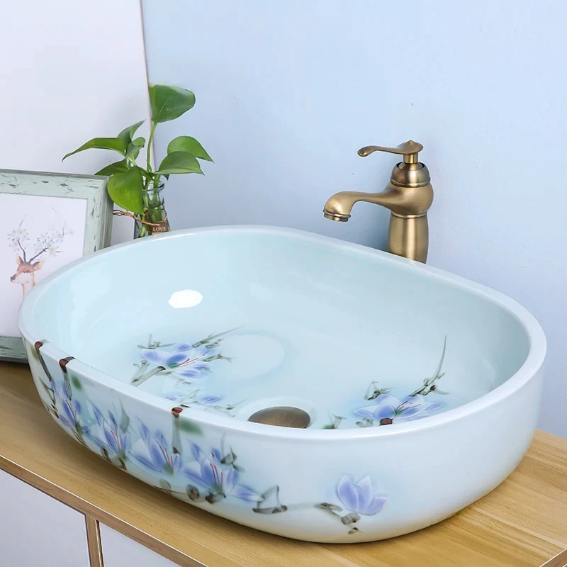 Hand Painted Basin On The Table Anti Splash Ceramic Bathroom Sinks Single Basin Small Household Wash Basin Kitchen Washing Sinks