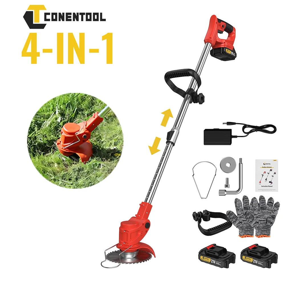 CONENTOOL Cordless Grass Trimmer 21V 1500W Electric Lawn Mower 15000RPM with 4 Types Blades Adjustable Shaft Rotating Head