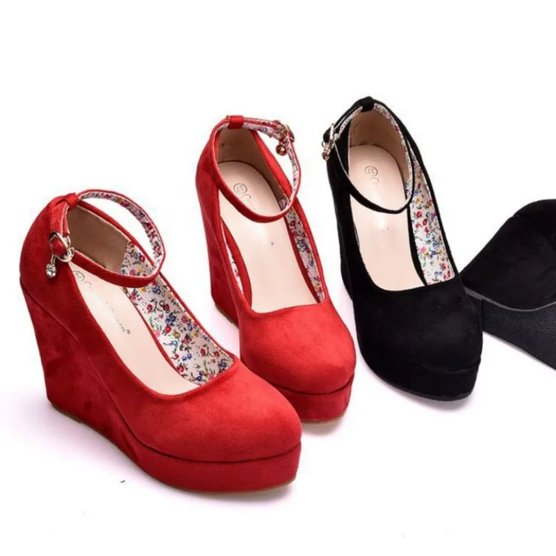 Comemore Female Pumps Women\'s Flock Buckle Ankle Strap Wedding Shoes Luxury Round Toe Red Crystal High Heels Platform Wedge 43