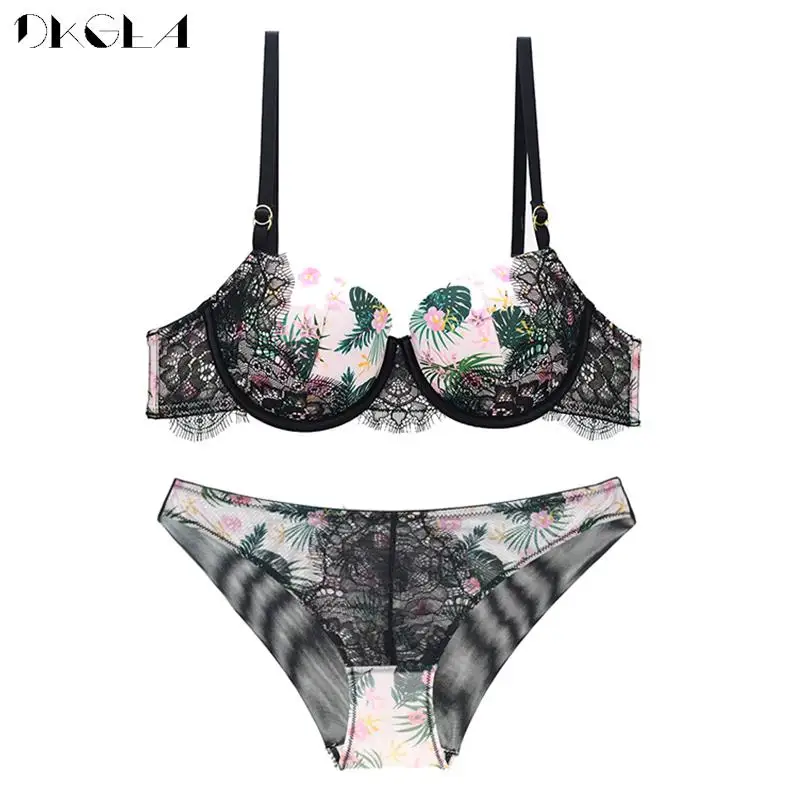 Brand Fashion Printing Bras Sexy Underwear Set Thick Padded Brassiere Women Push Up Bra Set B C D Cup Lace Lingerie Plus Size