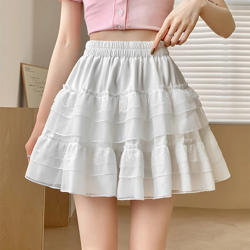 

Милые кружевные мини-юбки-пуфы, женские летние новые эластичные плиссированные юбки с высокой талией, простые универсальные однотонные юбки трапециевидной формы
