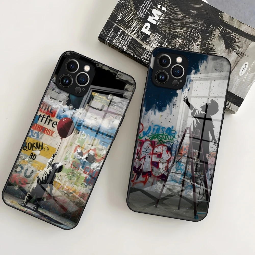 

MINISO Street Art Banksy Graffiti Phone Case For IPhone 15 Pro 16 15 14 13 12 11 Mini X XS XR Max Glass Design Cove