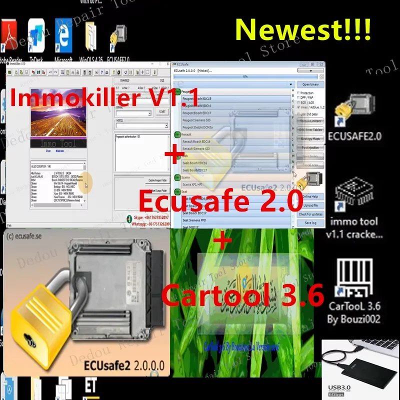 2024 Hot ECUSafe 2.0 ECU ECM 2.0 + immokiller V 1.1 Immo Off Software v1.1 ImmoKiller v1.1 Software+ Cartool 3.6 free help insta