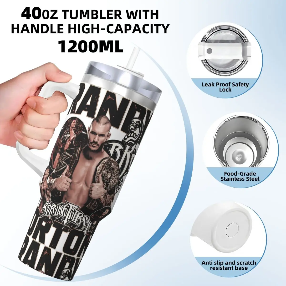 بهلوان من الفولاذ المقاوم للصدأ راندي أورتون سترايك أول كوب حراري مانع للتسرب كوب أكواب بارد وساخن زجاجة مياه جرافيك للتخييم #2