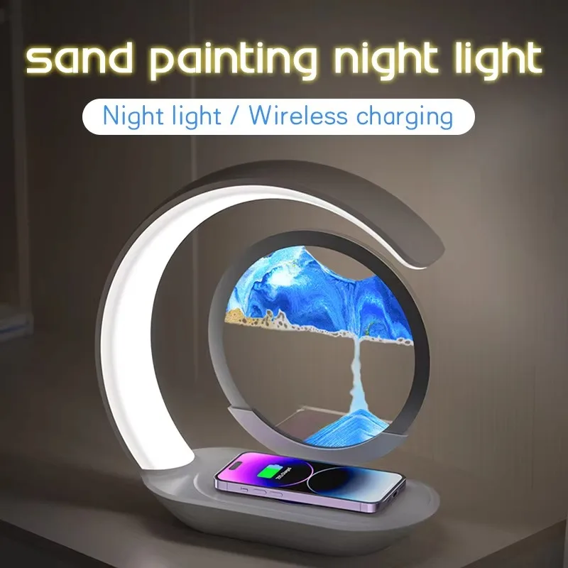 Creative 3D Moving Sand Art Lamp with Wireless Charging, LED Night Light for Bedroom Home Decor, Unique Gift Idea