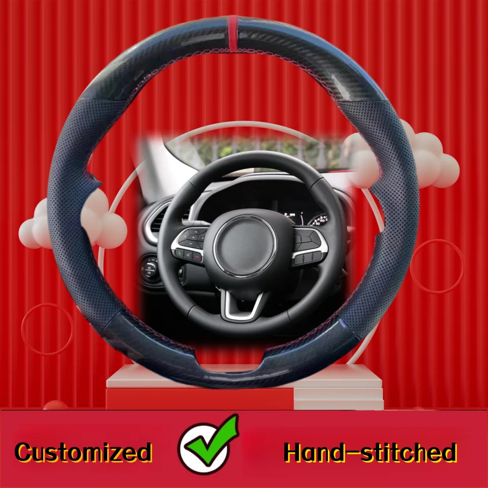 

Custom Hand-stitched Carbon Fiber Leather Car Steering Wheel Cover Anti-slip For Jeep Renegade 2016-2019 Car Accessories