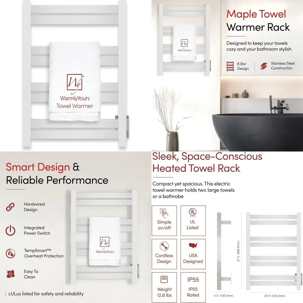 

Проводная вешалка для полотенец с 8 полосками, встроенным переключателем включения/выключения и подсветкой, нержавеющая сталь 304, кленовая отделка