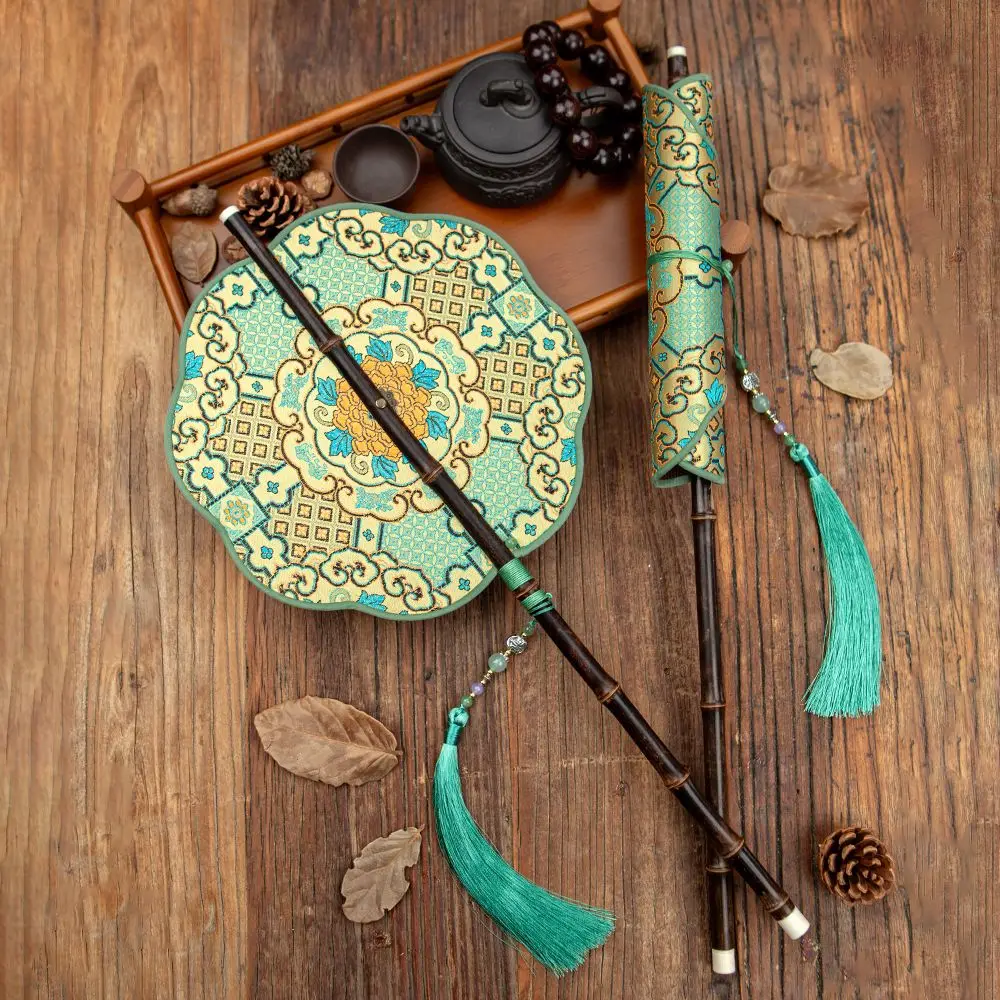 

Folding Ancient Style Round Fan Chinese Style Waist Fans Rollable Purple Bamboo Handle Portable Hanging Waist Fan Hanfu Fans