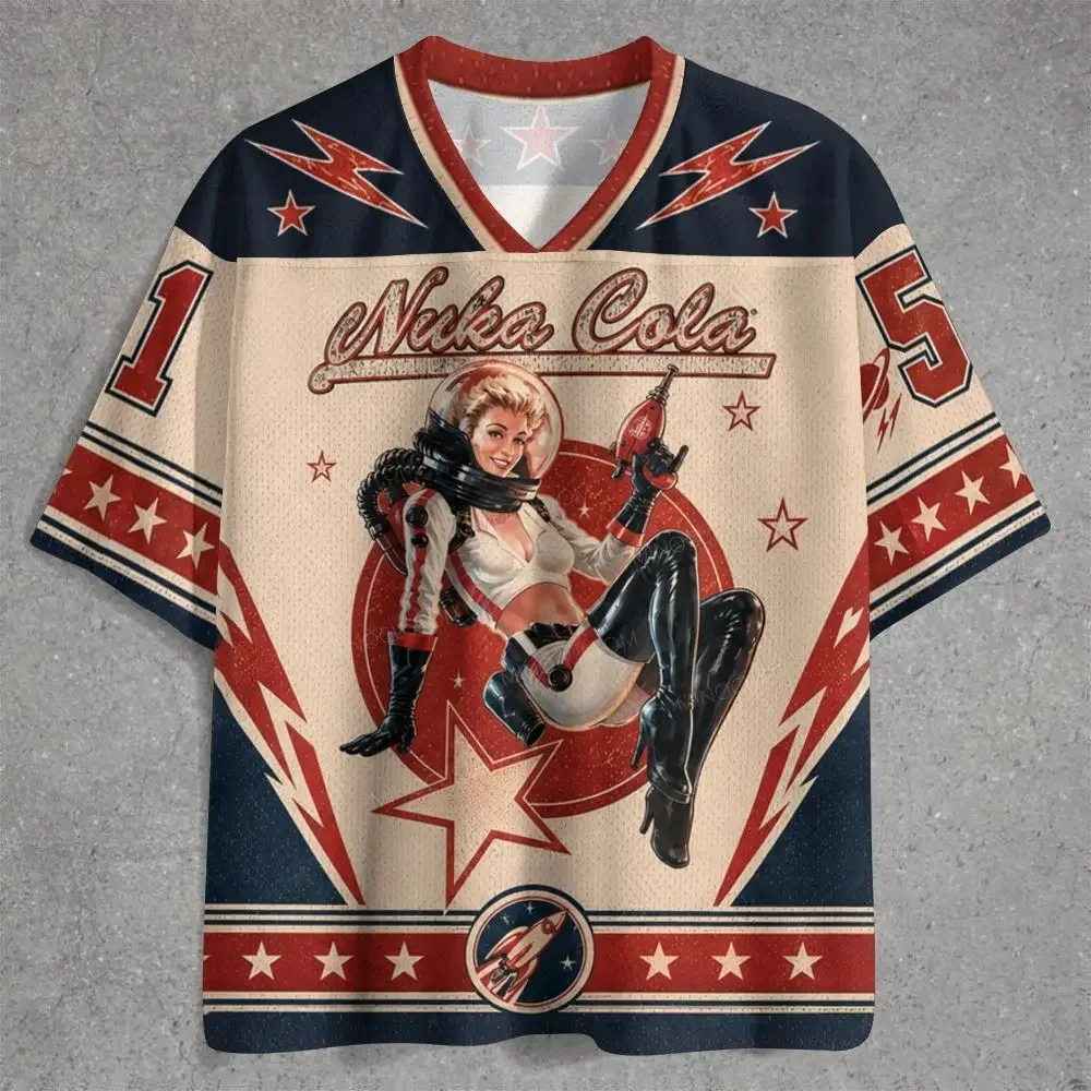 2026 Herren Nuka Cola Retro Space Grafik-Jersey, Vintage 50er Jahre Americana 3D-Druck V-Ausschnitt Kurzarm-Oberteil, Gamer Streetwear Party T-Shirt – Detail 3