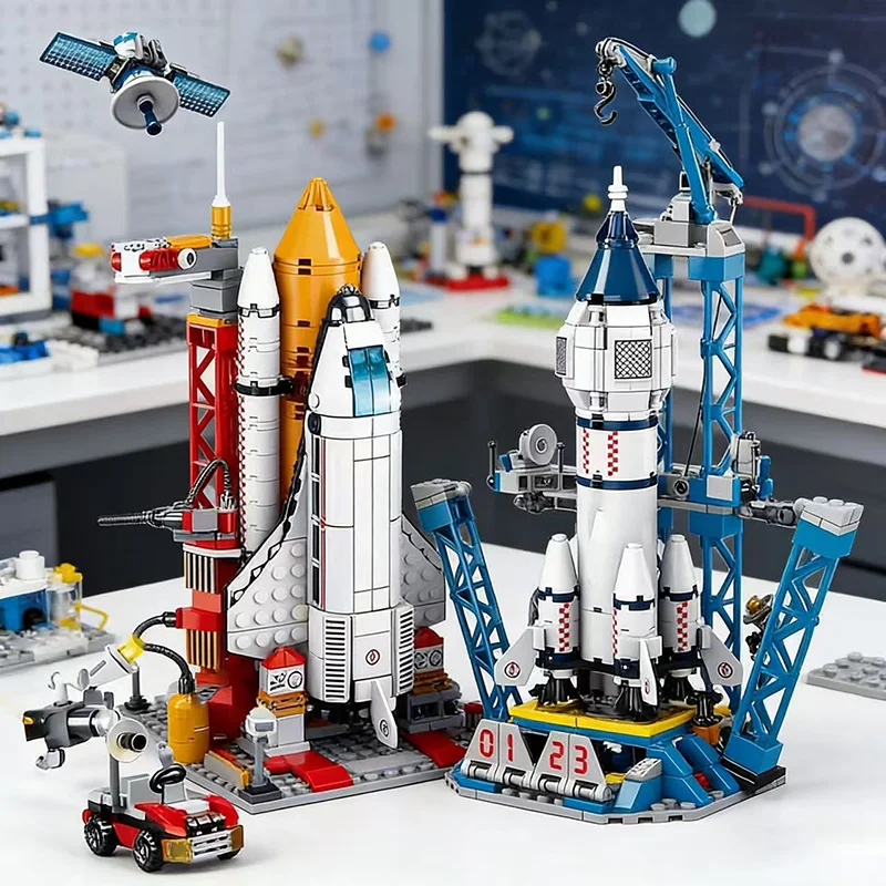 

Building blocks, white and blue rocket-shaped building blocks. Desktop decorations, holiday gifts, building block sets.