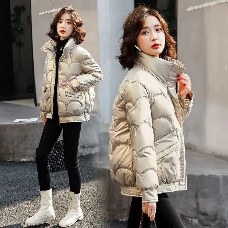 Short Shiny Jackets 2022 New Winter Women\'s Parka Stand Collar Long Sleeve Zipper Solid Thick Loose Casual Down Cotton Coats Top
