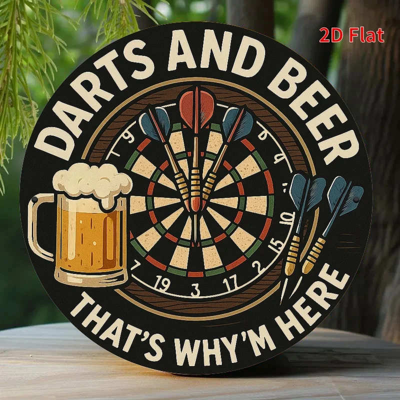2D Flat Round Metal Tin Sign, Darts & Beer Mug Funny Quote Plaque, 7.87in Bar Pub Man Cave Vintage Wall Decor