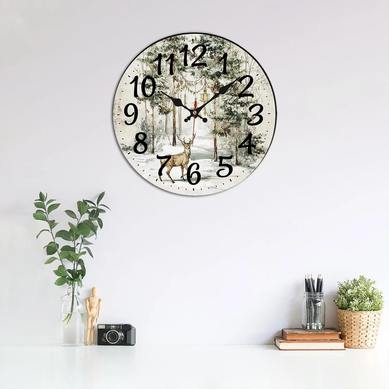 Christmas Deer Forest Wall Clock - 10 Inch Silent Non-Ticking Timepiece - Snowy Woodland Lantern Decorative Wall Clock