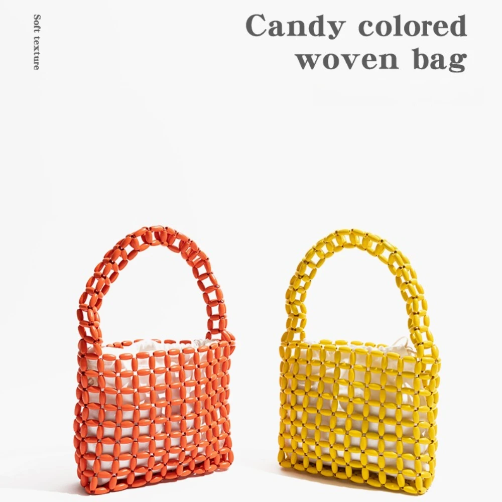MABULA Niche Design Handmade Bamboo Knitted Handbag Retro Artistic Women's Vintage Beaded Clutches Hollow Out Shoulder Tote Bags