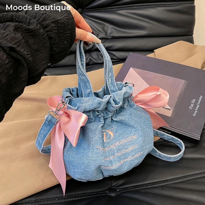 

Denim Blue Mini Top-handle Bags For Women Drawstring Shoulder Crossbody Bucket Bag With Bow Knot Decor 2025 Latest Handbags Lady