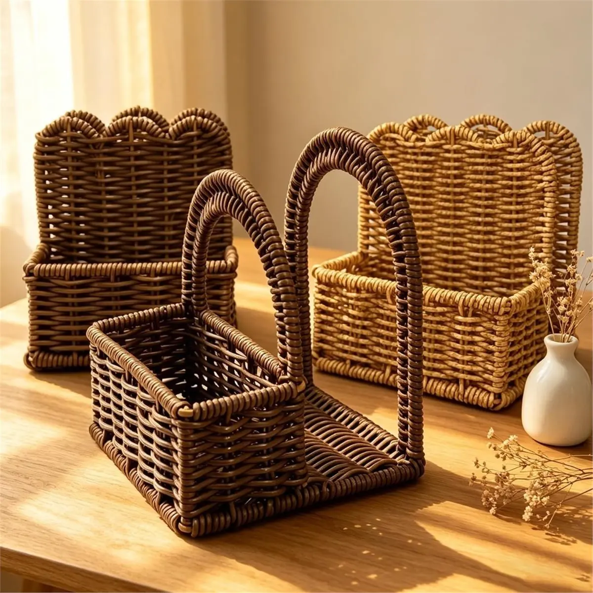 Plastic Rattan Napkin Holder with Salt and Pepper Shakers Holder for Table, Kitchen Countertop Organizer