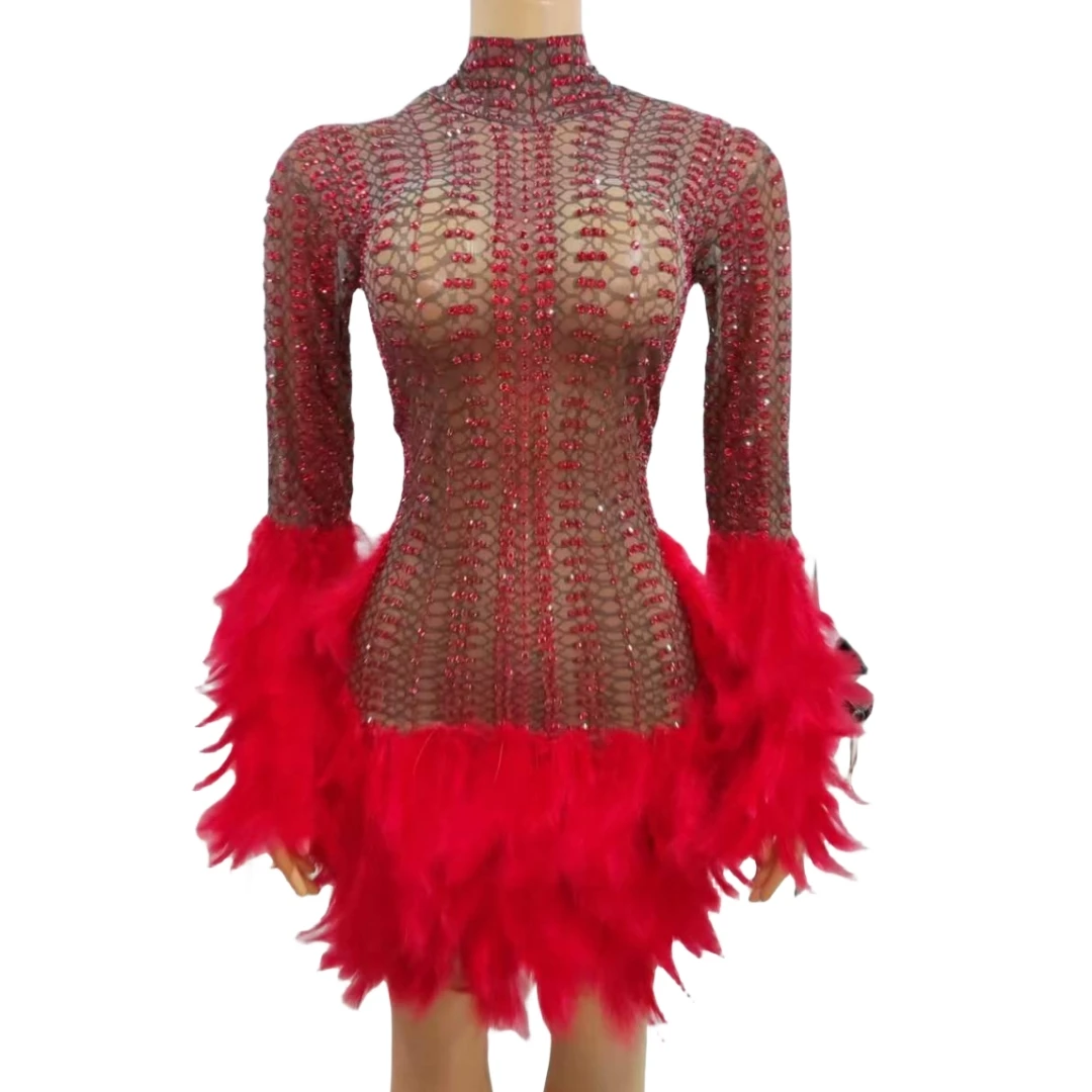 

Women Rhinestone Dress with Feather Elastic Carnival Singer Photography Stage Party Costume