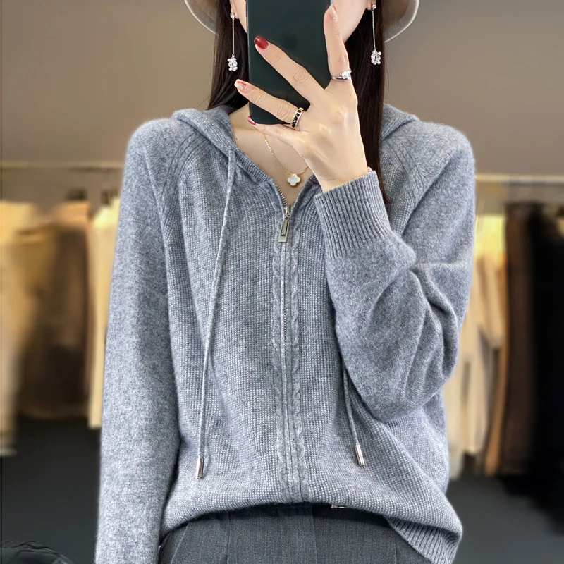 

Autumn and Winter 2023 New Women's Cashmere Sweater 100% Wool Hoodie Knitted Cardigan Loose Korean Fashion Casual Top Overcoat