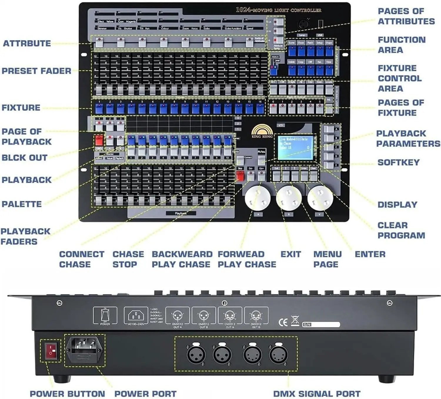 Professional 1024 DMX512 Controller Console with 20m Range Portable Stage Lighting for DJ Events Concerts & Parties