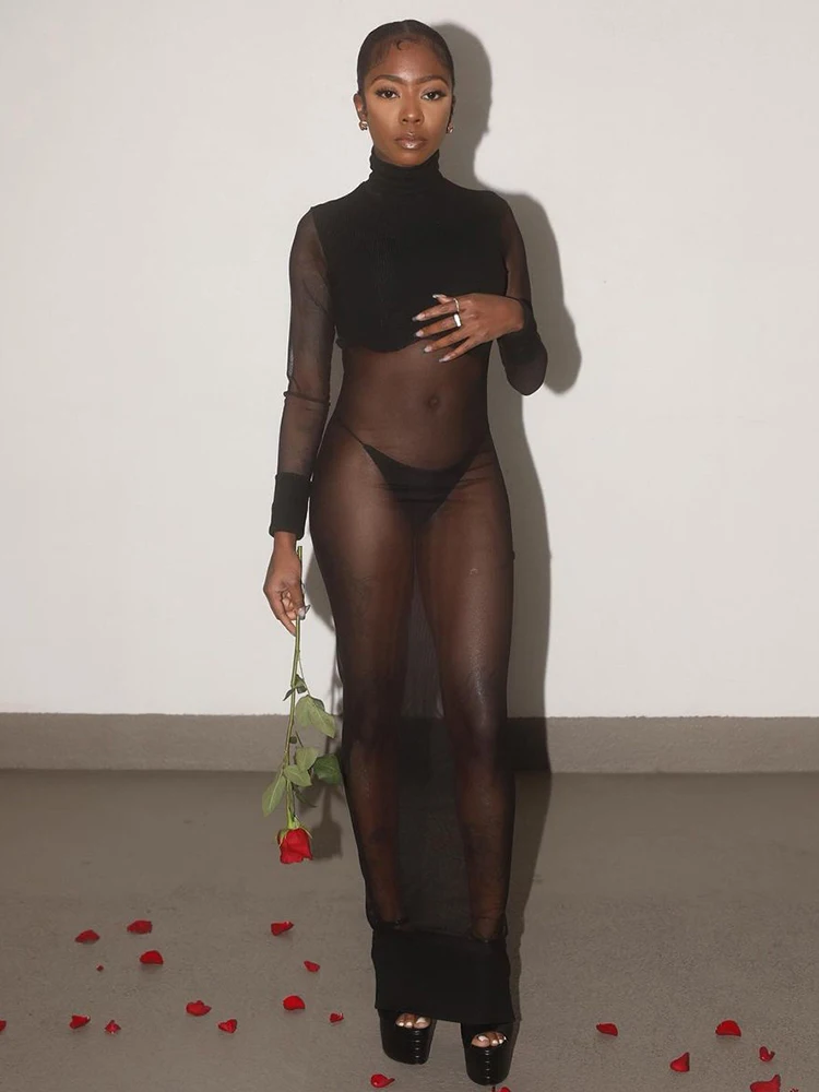 SIsterlinda-vestido de retazos de malla + bragas para mujer, Coqueta de cuello alto, manga larga, ropa para discoteca de medianoche, Vestidos sexis a juego para fiesta