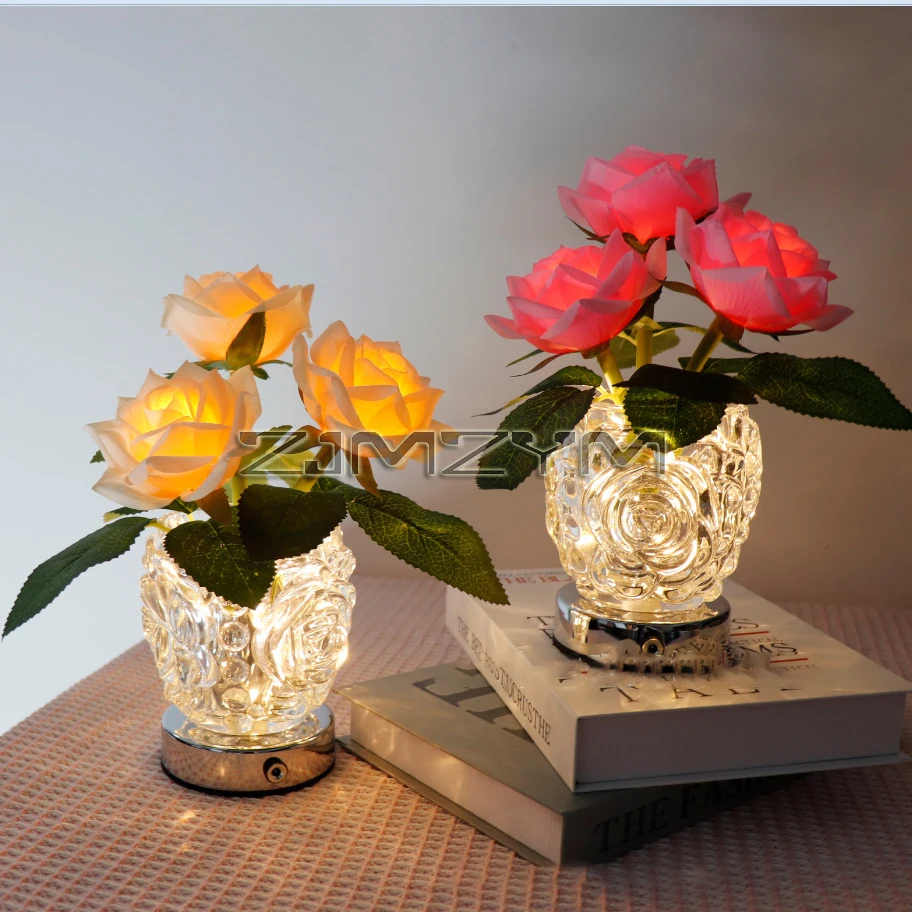 

Desk Decoration Led Rose Night Light Rechargeable Crystal Flowerpot Lamp Touch Dimming Bouquet Home Decoration Table Lamp Gift