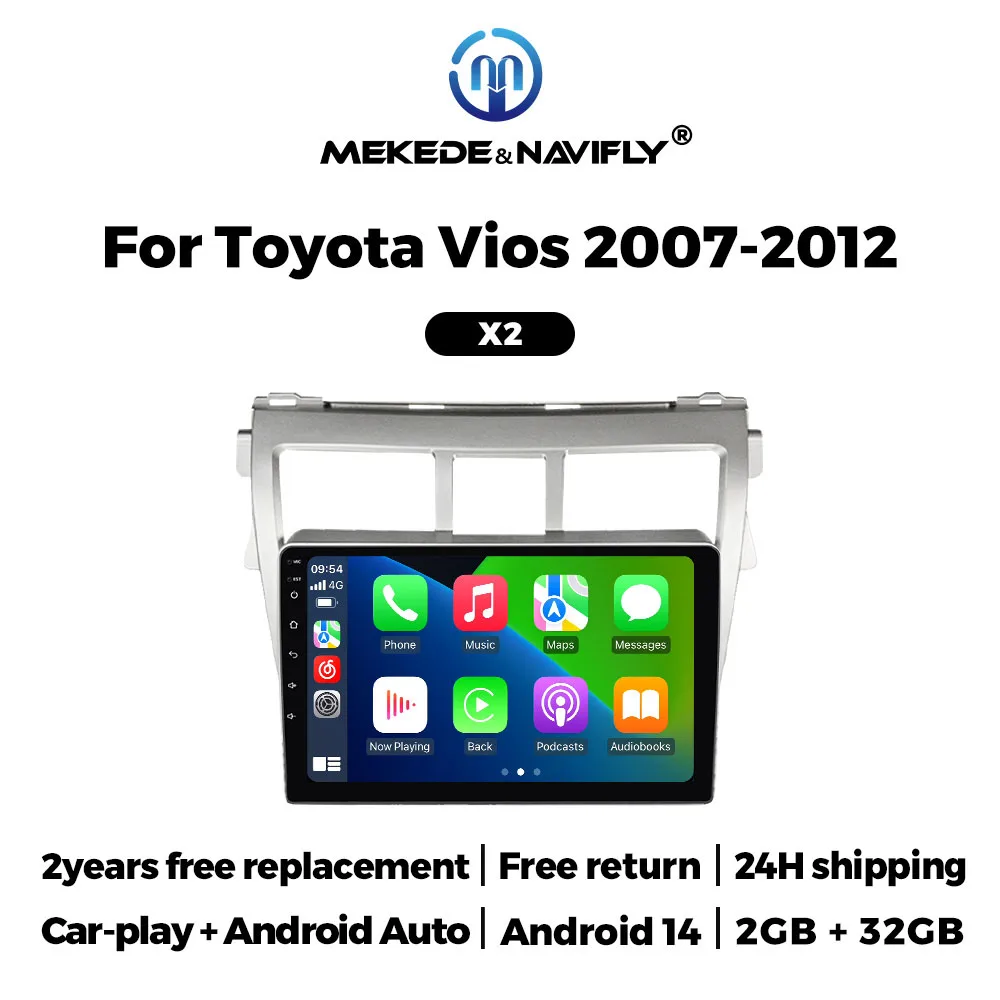 

NaviFly 9inch Carplay Android 14 For Toyota Vios Yaris 2007-2012 Auto Intelligentes System Car Radio Stereo Video Player GPS FM