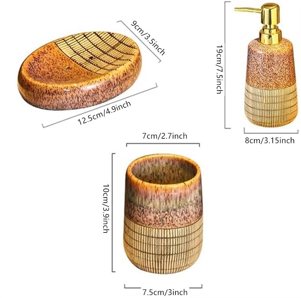 4 PCS Brown Bathroom Unique Decor Set Accessories Includes Countertop Soap Dispenser Bar Soap Dish Tumbler and Toothbrush Holder