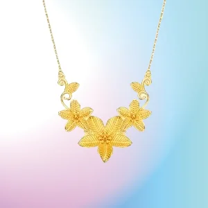 

new 9999 24K real gold European and American fashion trend necklace women's micro inlaid full diamond leaf pendant