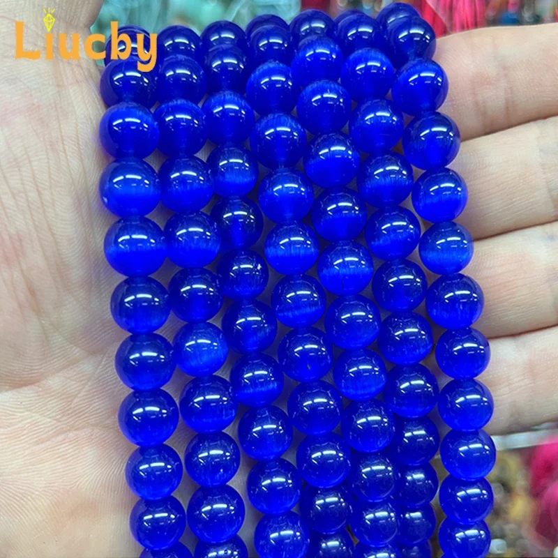 Lapislazuli-blaue, runde Perlen im „Katzenaugen“-Design, aus Naturstein, handgefertigt, zum Selbermachen von Schmuck, zum Beispiel für Armbänder, 15 Zoll lang, in den Größen 4/6/8/10/12 mm. – Detail 2