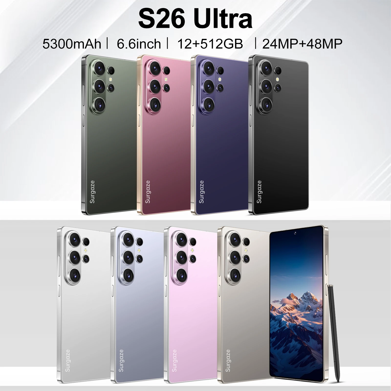SURGAZE Global Version S26 Ultra Smartphone 5G Android 5300mAH 12GB RAM 512GB ROM 6.6Inch 24+48MP 5G Network Mobile Phone