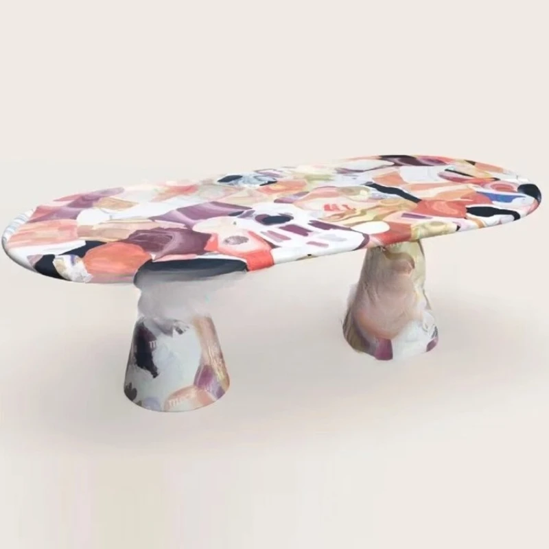 

Medieval solid wood art creative household painted dining table oval dining table household hand painted oil painting table