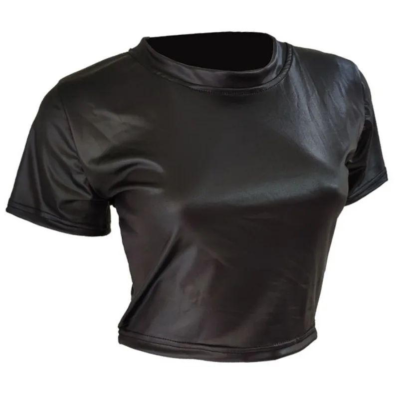 Woman Sexy PU Leather Short-sleeved Shirt Erotic Shaping Sheath Latex Tops Casual T-shirts Women Patent Leather Sexi