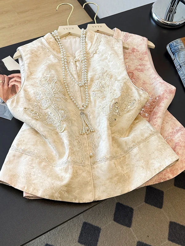 

New Chinese Style Women's Cotton Lined Beaded Embroidered Tang Suit Vest Autumn Winter Inner Match Patchwork Base Shirt Natio...