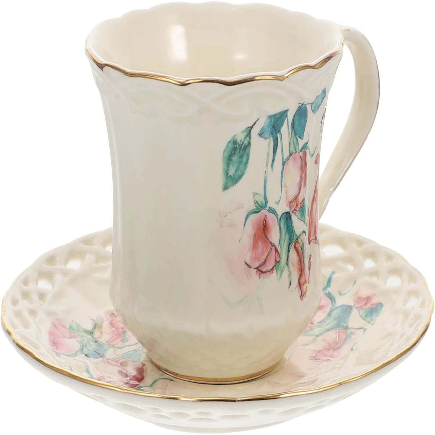 Elegant European Style Floral White Porcelain Coffee Tea Cup and Saucers Set - 1 Set of Ceramic British Coffee Cup, Water Mug, a