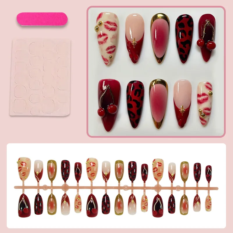 30pcs Cherry Lips Fake Nails Star Embossing Press on Nail Short Almond Full Coverage Nail Tips for Women&Girl False Nail Art