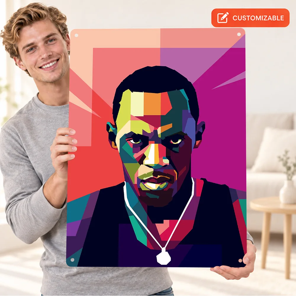 Usain Bolt Sprinter Printed Poster Personalized Aluminum Metal Sign Bright Polygon Face Illustration Wall Art For Sports Lounge