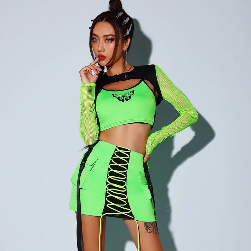 Traje de baile de Jazz Kpop, ropa de Hip Hop verde fluorescente, traje de escenario de bailarina Gogo para club nocturno, Tops de baile Kpop para adultos, falda YS4836