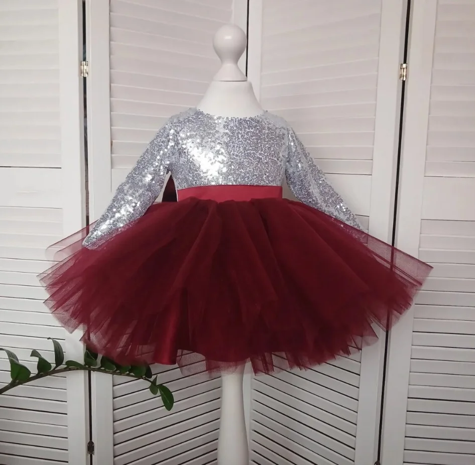 Poinrobe à fleurs avec nœud pour filles, robe d'anniversaire à paillettes argentées, tutu en tulle pour tout-petits, tenue élégante